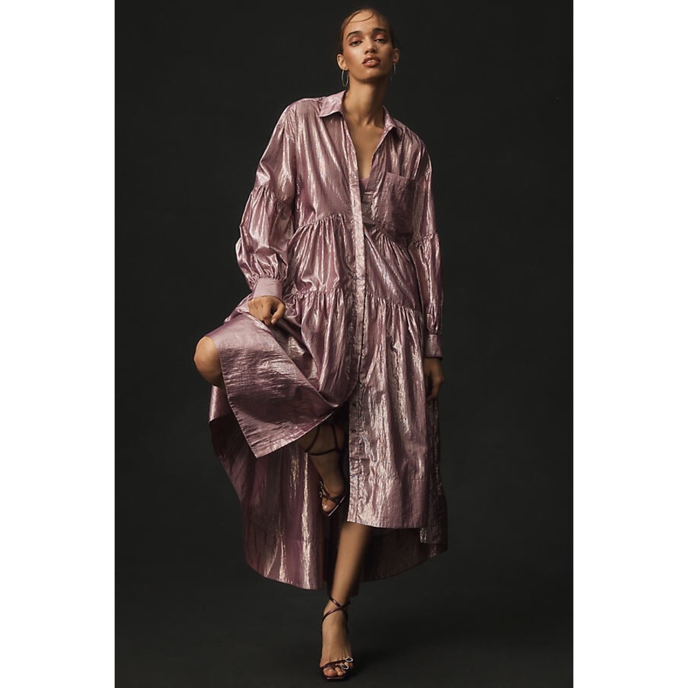 Anthropologie Pilcro Long-Sleeve V-Neck Metallic Dress Lilac Pink Purple